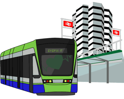 Croydon tram and the One Croydon building branded as the IT Support company, SysFix IT Support in Croydon.